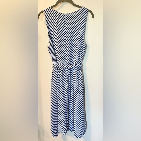 Loft Navy Blue & White Striped Sleeveless V-Neck Dress with Tie Belt- Size 10 - Picture 4 of 8